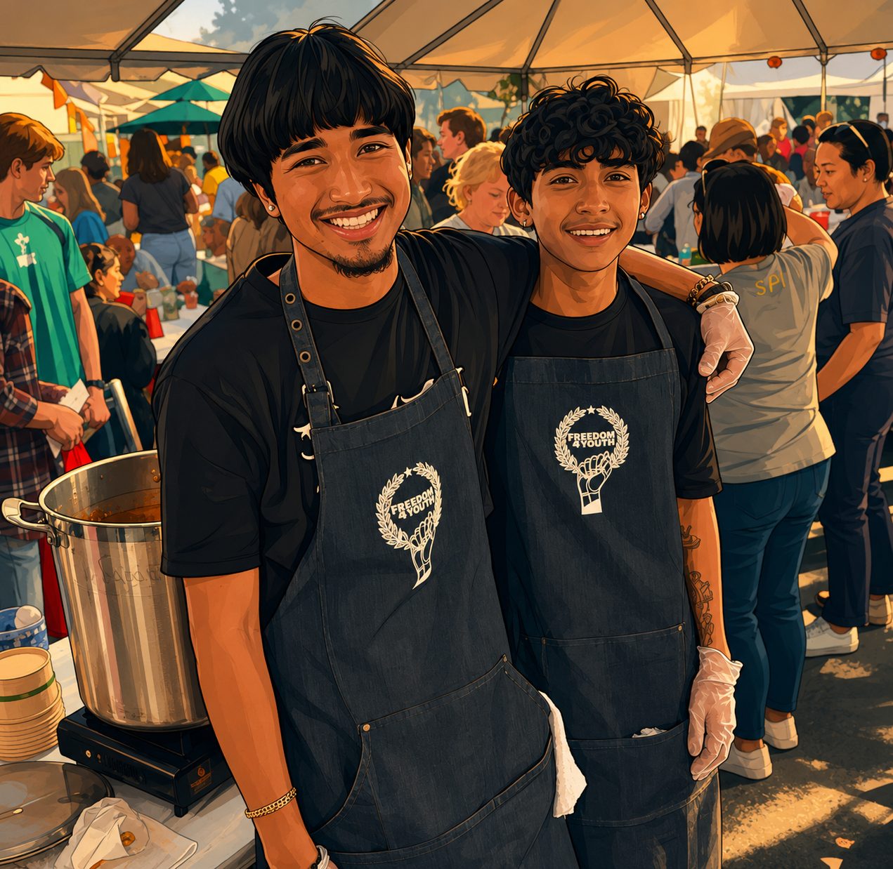 Two young people in Freedom 4 Youth aprons smiling at an outdoor catering event