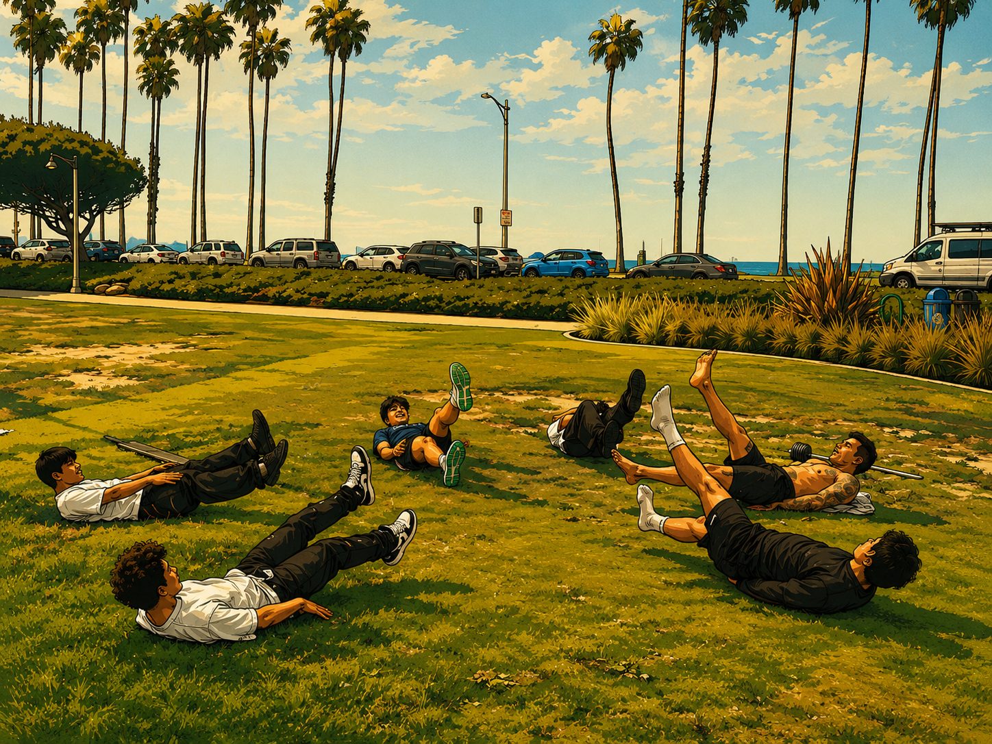 Young people exercising together on the grass at an outdoor SB Bar Life session