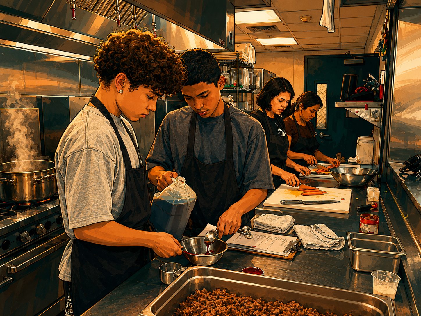 Young people cooking side by side in a commercial kitchen