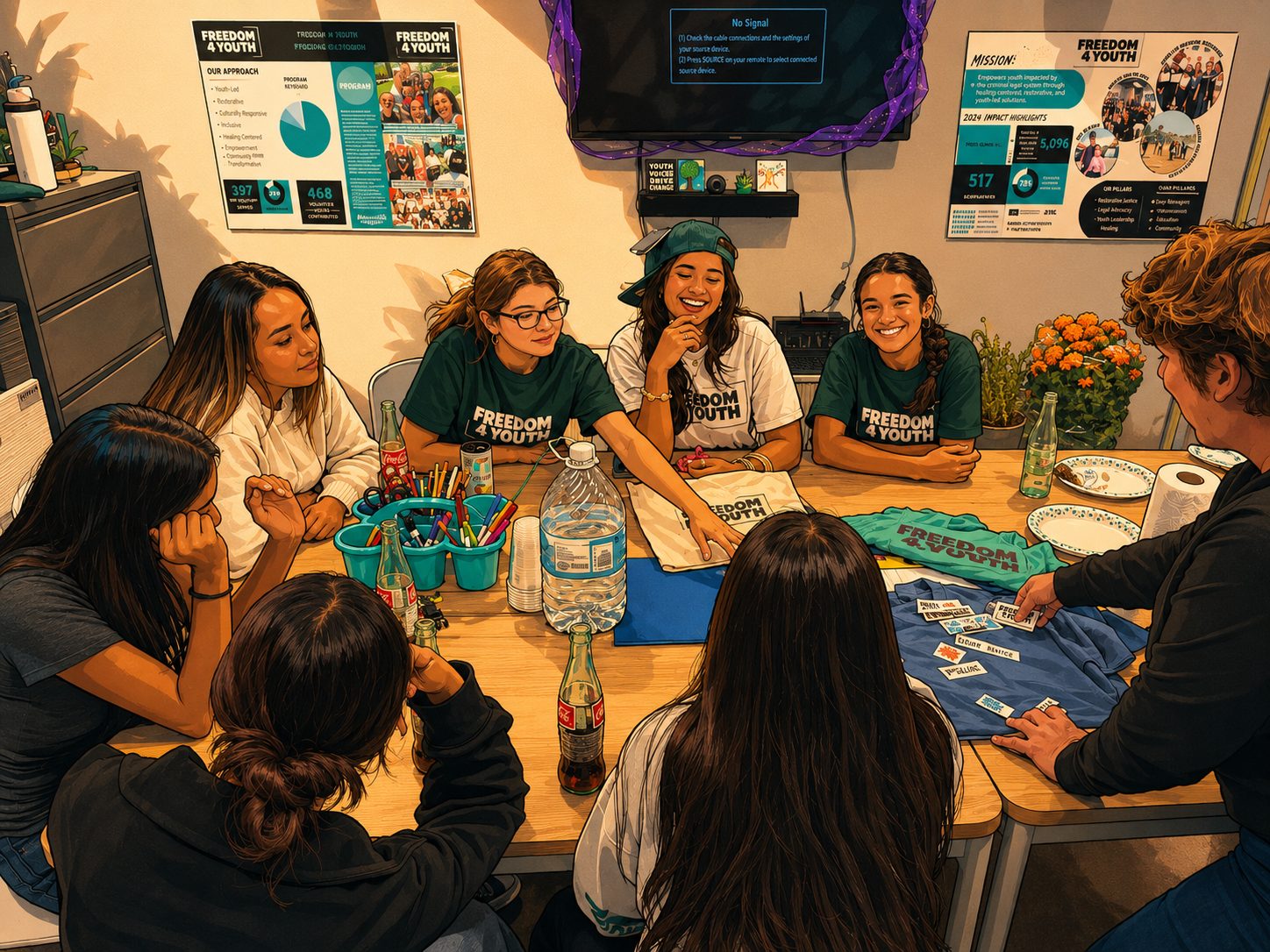 Young women designing T-shirts together around a table at a Freedom 4 Youth session