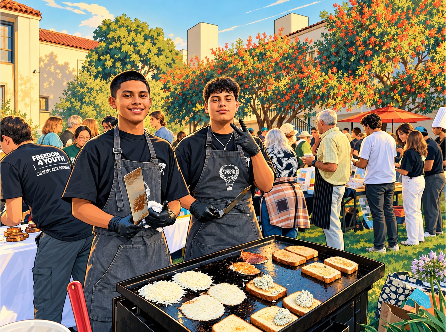 Two young people in Freedom 4 Youth aprons smiling behind a grill at an outdoor community event
