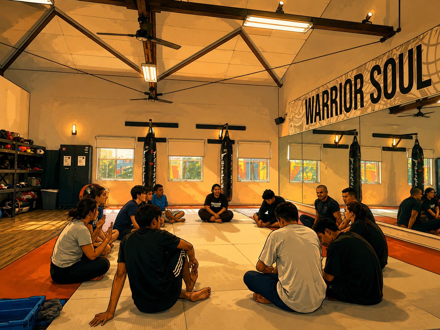 Young people seated in a circle on the mat at a Warrior Soul session