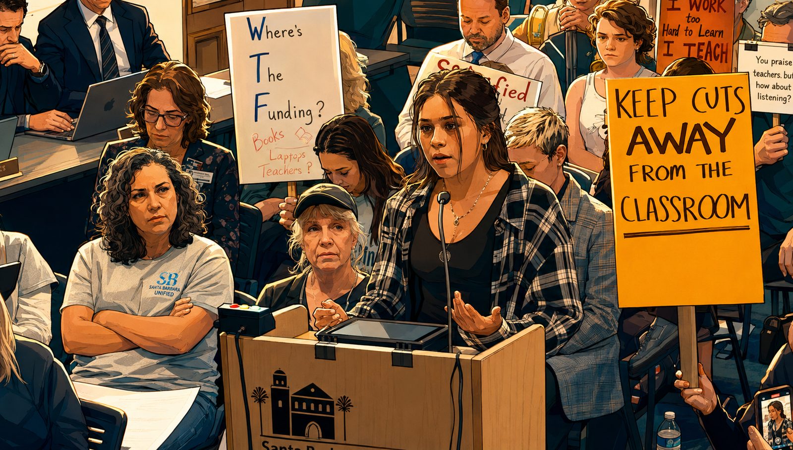 Young people and advocates holding hand-lettered signs at a public meeting