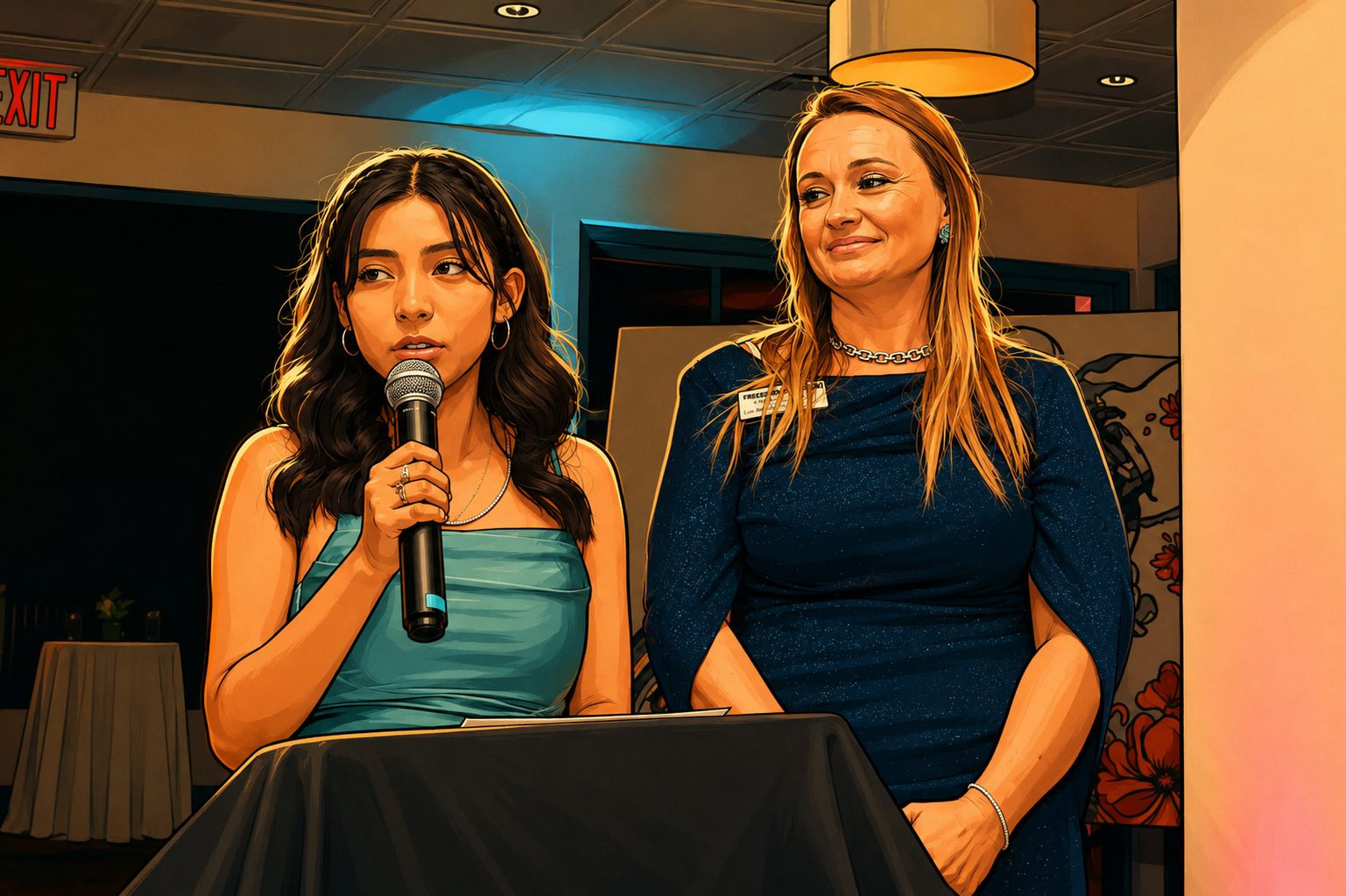 A young person speaking into a microphone on stage at a community gala