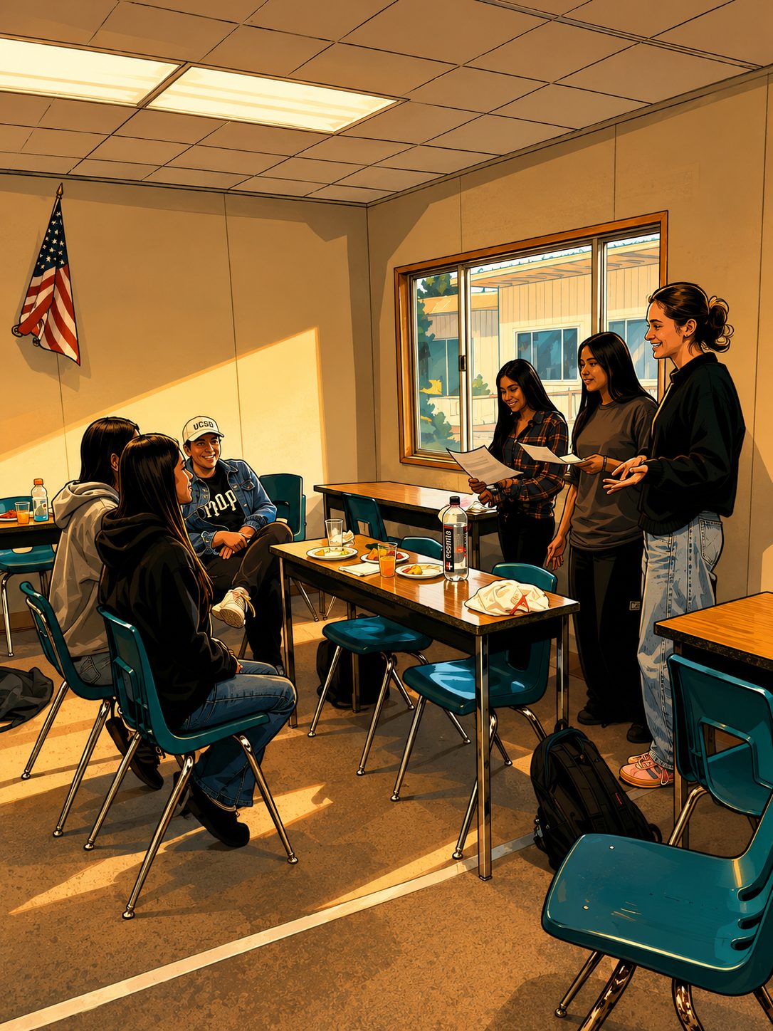 Young people working together at classroom tables during a group session