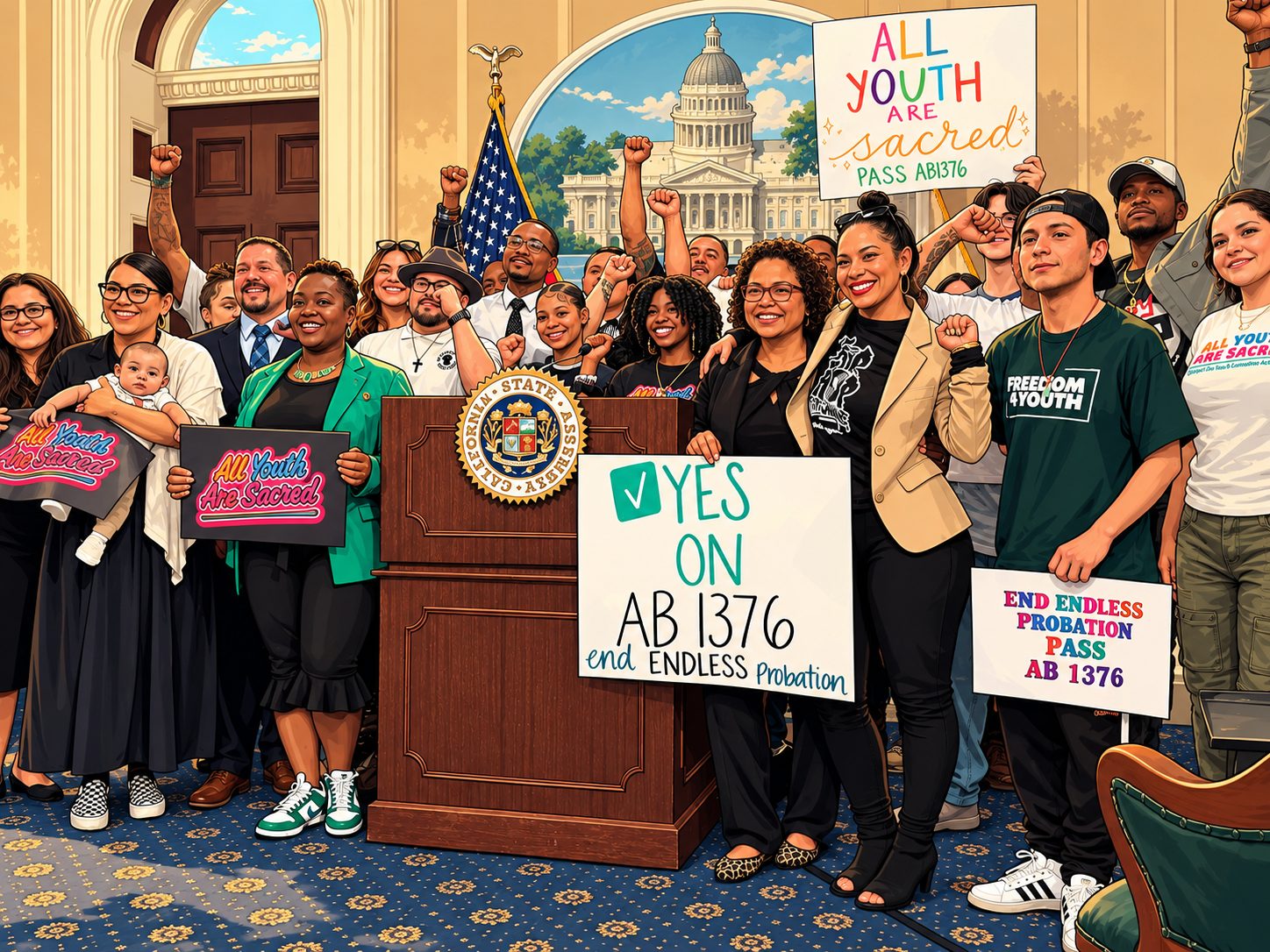 Youth advocates gathered at the State Capitol holding signs for juvenile justice legislation