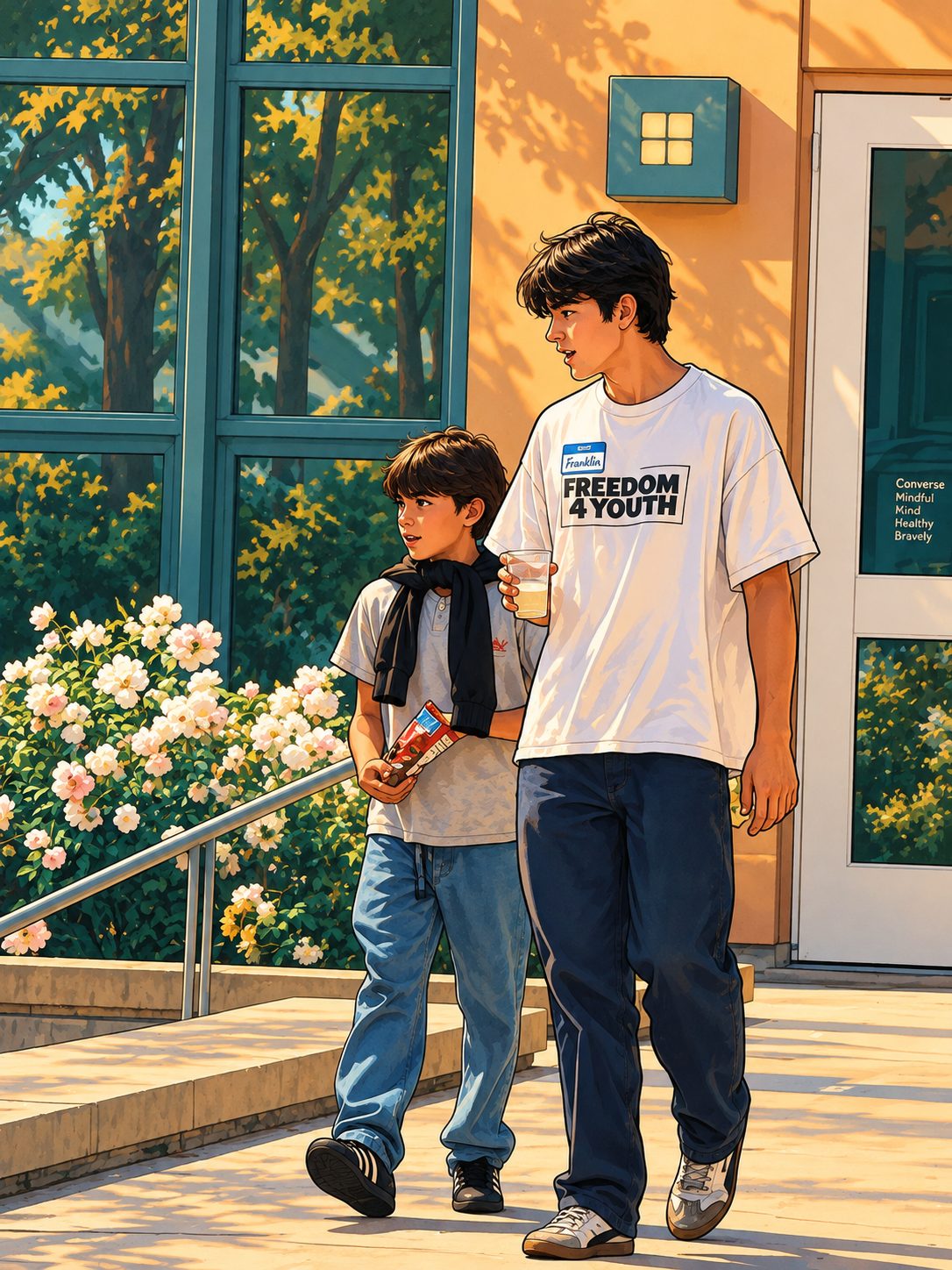 A mentor walking alongside a younger student outside school