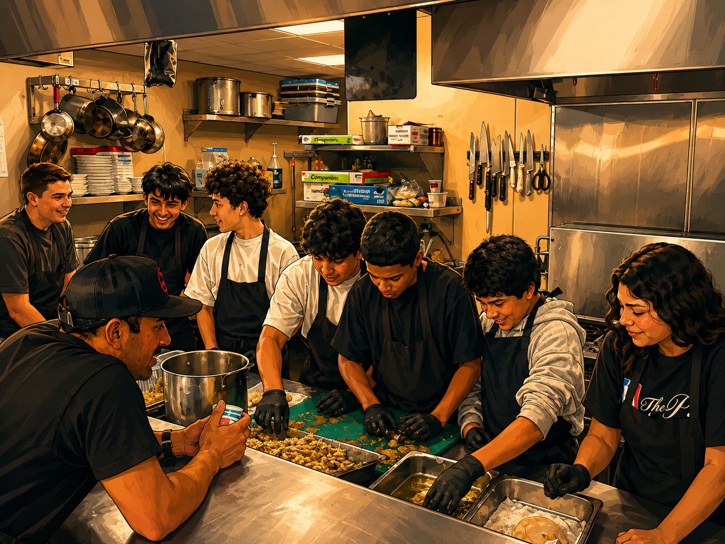Young people in aprons preparing food together in a commercial kitchen